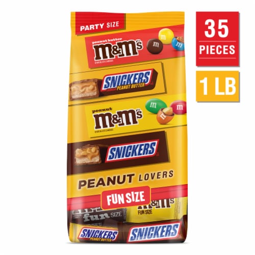 Snickers & M&M'S Fun Size Peanut and Peanut Butter Chocolate Candy Variety Pack Bulk Bag Perspective: front