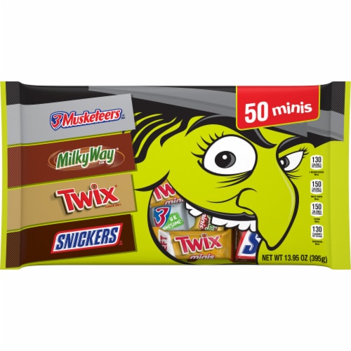 Snickers Twix Milky Way & 3 Musketeers Minis Halloween Candy Bag Perspective: front