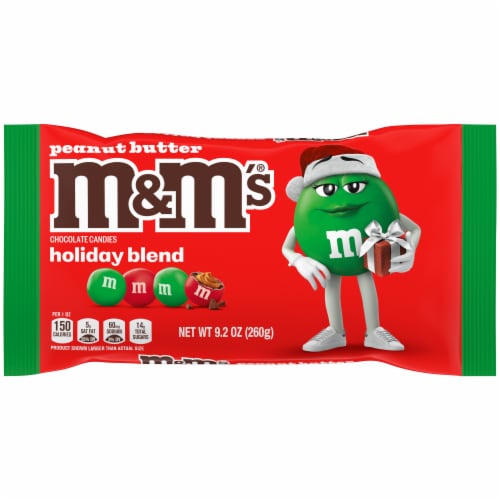 M&M'S Peanut Butter Milk Chocolate Red and Green Christmas Candy Bag Perspective: front