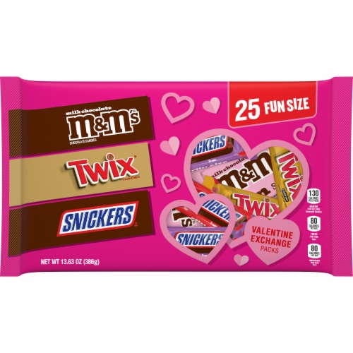 M&M'S Snickers & Twix Valentine's Day Chocolate Candy Valentine Exchange Variety Bag Perspective: front