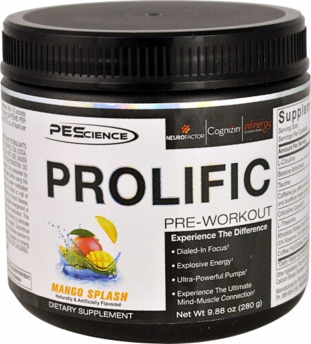 PEScience Prolific Mango Splash Pre-Workout Perspective: front