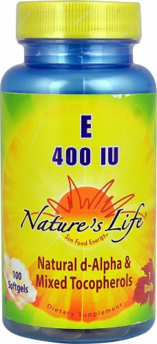 Nature's Life  Vitamin E Natural d-Alpha & Mixed Tocopherols 100 Softgels 400 IU Perspective: front
