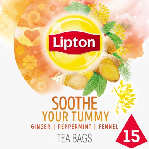 Lipton® Soothe Your Tummy Ginger Peppermint & Fennel Caffeine Free Herbal Supplement Tea Bags Perspective: front