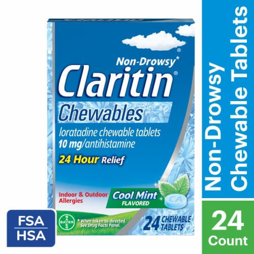 Claritin 24 Hour Allergy Relief Cool Mint Chewable Tablets Loratadine 10mg Perspective: front
