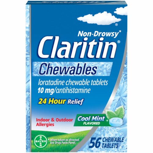 Claritin Non-Drowsy 24 Hour Allergy Relief Loratadine Cool Mint Chewable Tablets 10mg Perspective: front