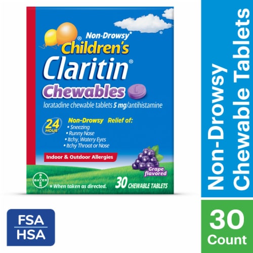 Children's Claritin 24 Hour Allergy Relief Grape Chewable Loratadine 5mg Perspective: front