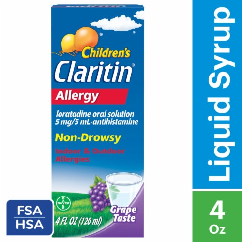 Children's Claritin 24 Hour Non-Drowsy Allergy Relief Grape Syrup Loratadine 5mg Perspective: front