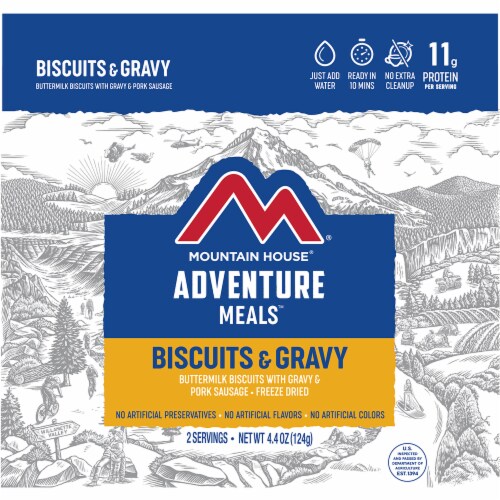 Mountain House® Freeze Dried Adventure Meals™ - Biscuits with Gravy & Pork Sausage Perspective: front