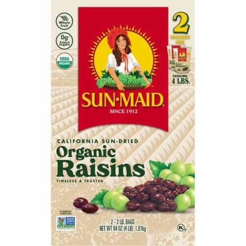 Sun-Maid Organic California Raisins Snack,32 Ounce Bags,Pack of 2,Vegan-Vegetarian Friendly Perspective: front
