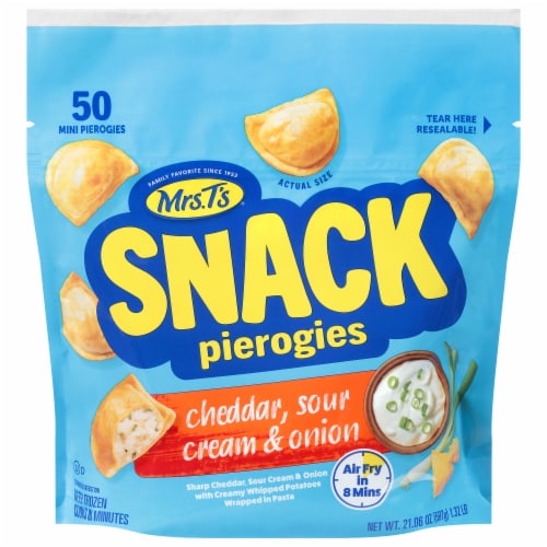 Mrs. T's Mini Cheddar Sour Cream & Onion Snack Perogies Perspective: front