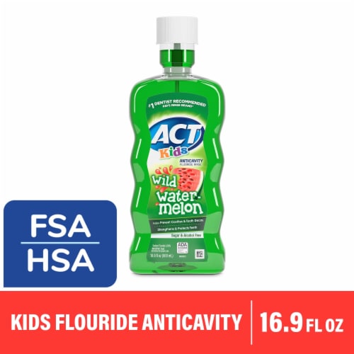 ACT Anticavity Fluoride Mouthwash for Kids Sugar & Alcohol Free Wild Watermelon Flavor Perspective: front