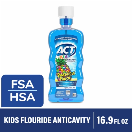 ACT Anticavity Fluoride Mouthwash for Kids Sugar & Alcohol Free Pineapple Punch Flavor Perspective: front