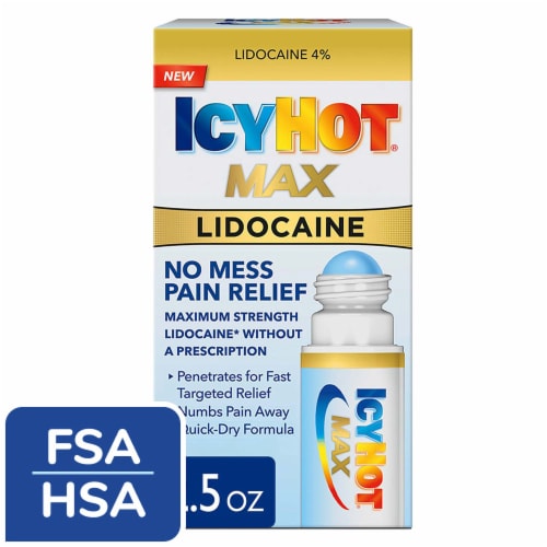 Icy Hot Max Strength No-Mess Roll-on Pain Relief Lidocaine Liquid Perspective: front
