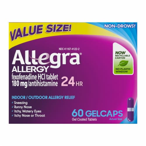 Allegra Adult 24 Hour Non-Drowsy Allergy And Sinus Antihistamine Gelcaps Fexofenadine HCL Perspective: front