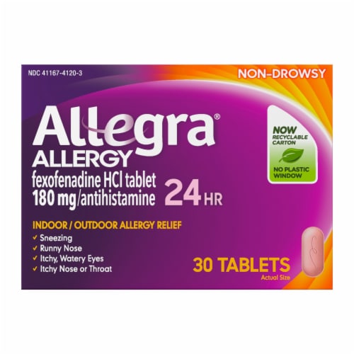 Allegra Adult 24-Hour Non-Drowsy Allergy Relief Antihistamine Tablets with 180 mg Fexofenadine HCI Perspective: front