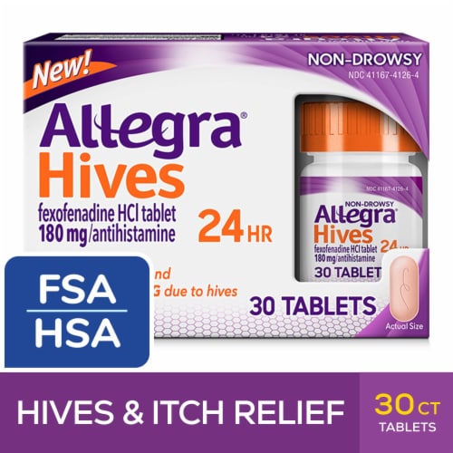 Allegra Hives Antihistamine 24-Hour Tablets, Non-Drowsy Hive Reduction 180 mg Fexofenadine HCI Perspective: front