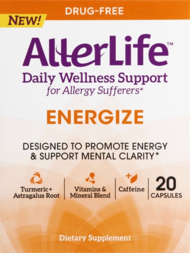 AllerLife Energize Daily Wellness Allergy Support Dietary Supplement Capsules 20 Count Perspective: front