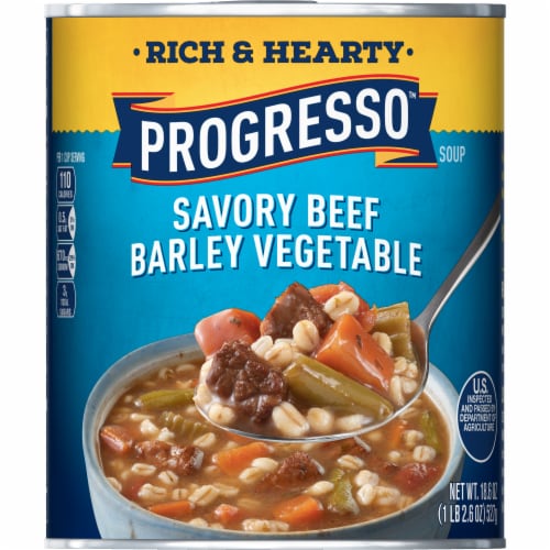 Progresso Rich & Hearty Savory Beef Barley Vegetable Canned Soup Perspective: front