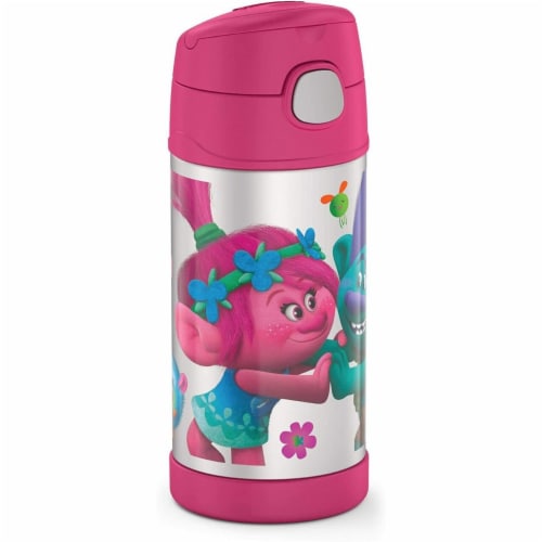 Thermos Funtainer 12 Ounce Stainless Steel Vacuum Insulated Kids Straw Bottle, Trolls Perspective: front