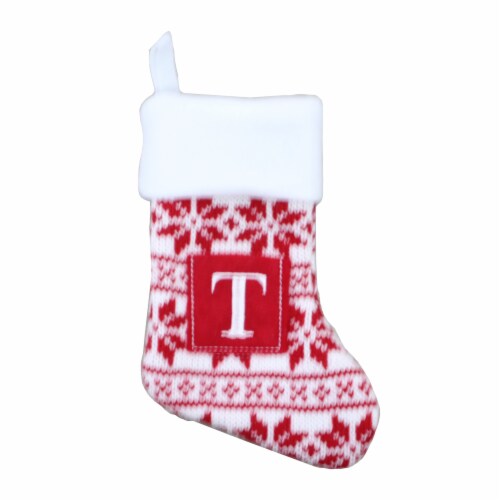 Holiday Home Fair Isle Monogram T Mini Christmas Stocking - Red Perspective: front
