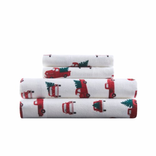 HD Designs Truck with Tree Flannel Sheet Set - White/Red/Green Perspective: front