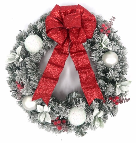 Holiday Home Decorated Flaked Berry & Ornament Wreath with Bow Perspective: front