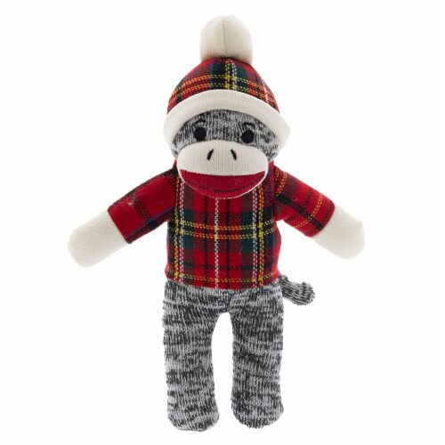 Holiday Home™ Plaid Sock Monkey Christmas Plush - Grey Perspective: front