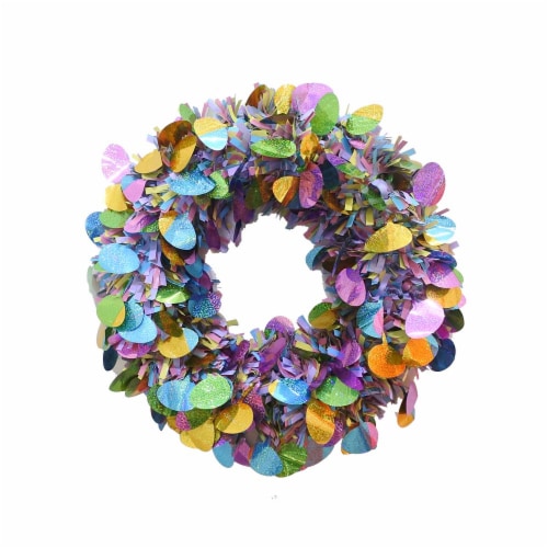 Holiday Home Tinsel Wreath with Multi-Colored Eggs Perspective: front