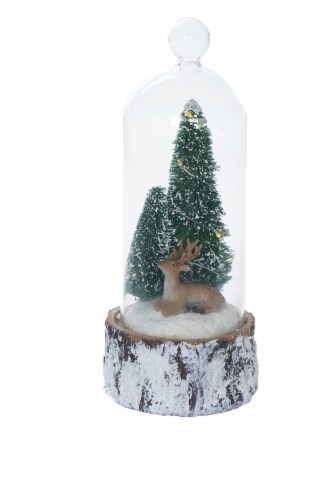 Holiday Home Deer with Trees in Glass Dome with LED Decor Perspective: front