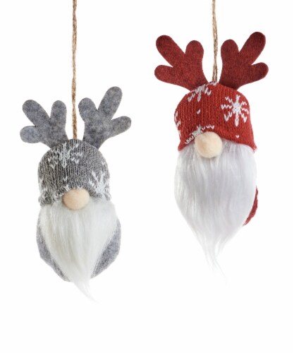Holiday Home Plush Gnome Winter Hat Grey with Antlers Hanging Christmas Ornament Perspective: front