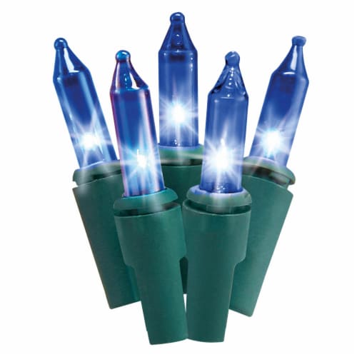 Holiday Home Indoor Outdoor Blue Mini Incandescent Christmas Lights - Green Wire Perspective: front