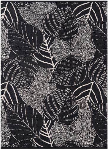 HD Designs Outdoors Black Tropical Leaf Woven Area Rug Perspective: front
