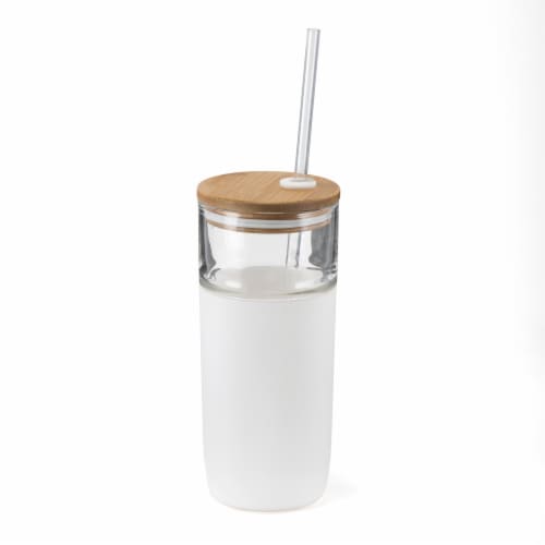HD Designs Outdoors Glass Bottle with Bamboo Lid and Tritan Straw - Bright White Perspective: front