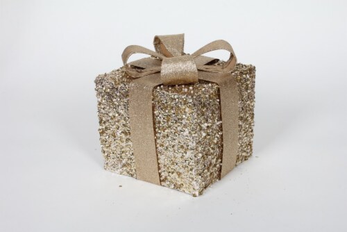 Holiday Home Glitter Gift Box Decor - Gold Perspective: front