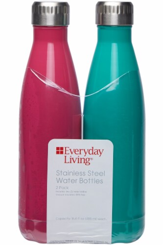 Everyday Living® Stainless Steel Water Bottles - Solid Pink Peacock/Peacock Green - 2 pk Perspective: front