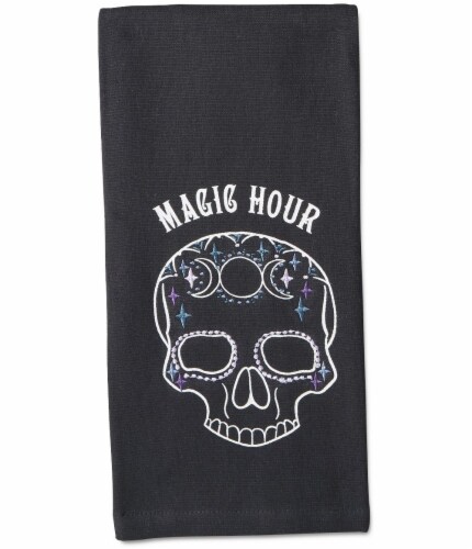 Holiday Home Metallic Embroidered Skull Velour Kitchen Towel - Black Perspective: front