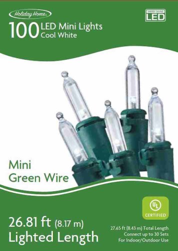 Holiday Home Indoor Outdoor Green Wire LED Mini Christmas Lights - Cool White Perspective: front