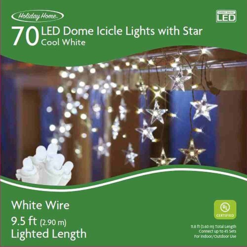 Holiday Home Indoor Outdoor 70 White Wire LED Dome Icicle Christmas Lights with Star - Cool White Perspective: front