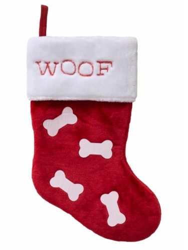 Holiday Home Embroidered Woof and Bones Pet Stocking Perspective: front