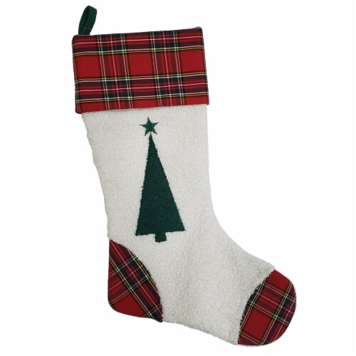 Holiday Home 21 in Plaid Cuff With Tree Stocking Perspective: front