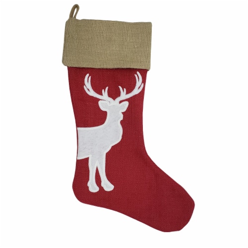 Holiday Home 21 in Red Burlap With White Deer Stocking Perspective: front