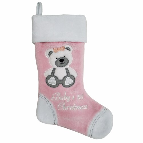 Holiday Home 16 in Pink Teddy Bear Baby's First Stocking Perspective: front