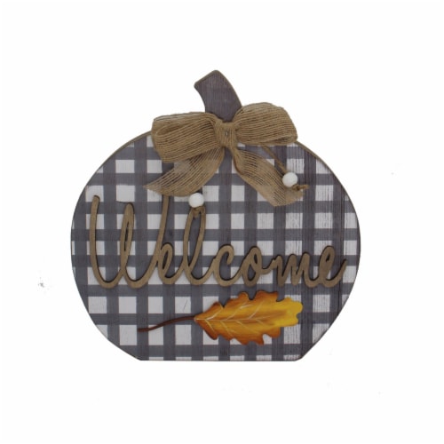 Holiday Home Welcome Plaid Pumpkin Sign - Gray Perspective: front