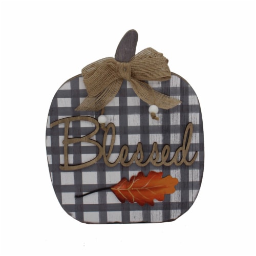 Holiday Home Blessed Plaid Pumpkin Sign - Gray Perspective: front
