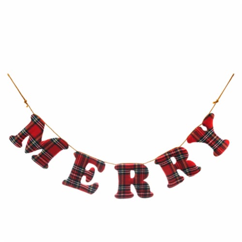 Holiday Home Plaid Fabric Merry Garland - Red Perspective: front