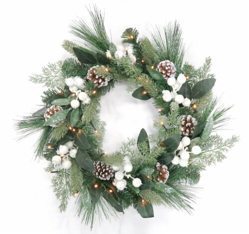 Holiday Home Pre-Lit LED White Berries Wreath Perspective: front
