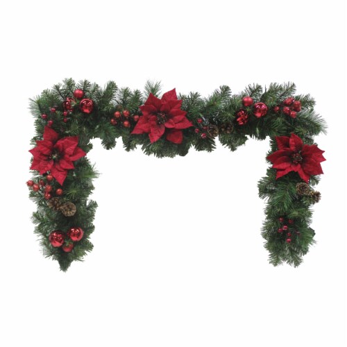 Holiday Home 6 ft LED Poinsettia Garland Perspective: front