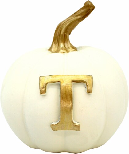 Holiday Home Thanksgiving Letter T Monogram Pumpkin - White/Gold Perspective: front