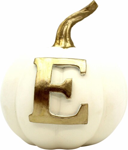 Holiday Home Thanksgiving Letter E Monogram Pumpkin - White/Gold Perspective: front
