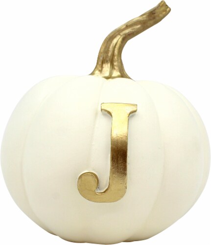 Holiday Home Thanksgiving Letter J Monogram Pumpkin - White/Gold Perspective: front